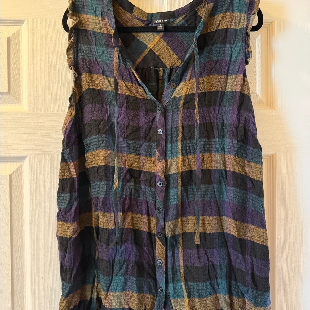 Torrid Plaid Button-Front Sleeveless Top in Teal, Purple & Mustard